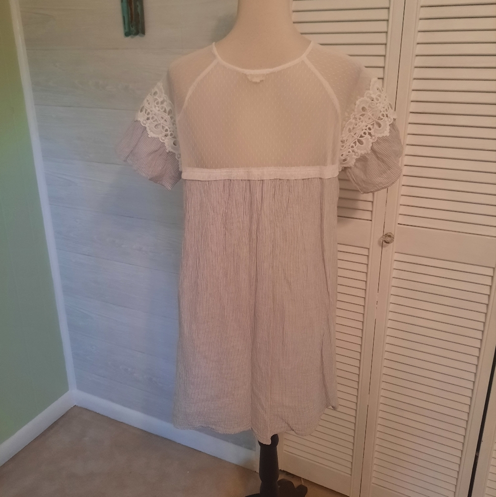 Hem & thread pinstripe aline cotton crochet lace dress Large *4 - Picture 4 of 7